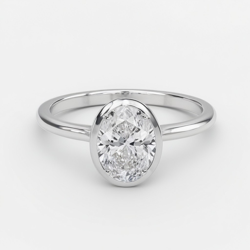 Oval Bezel Diamond Solid Gold Engagement Ring - LDBO001