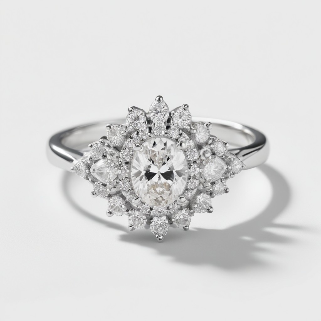 Oval Cluster 0.54 Carat Diamond Solid Gold Engagement Ring - LDCO005